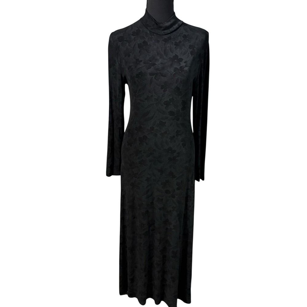 VTG Goth Grunge‎ Witchy  Stretch Long Black Dress 1990's Floral Imprint USA Sz 6